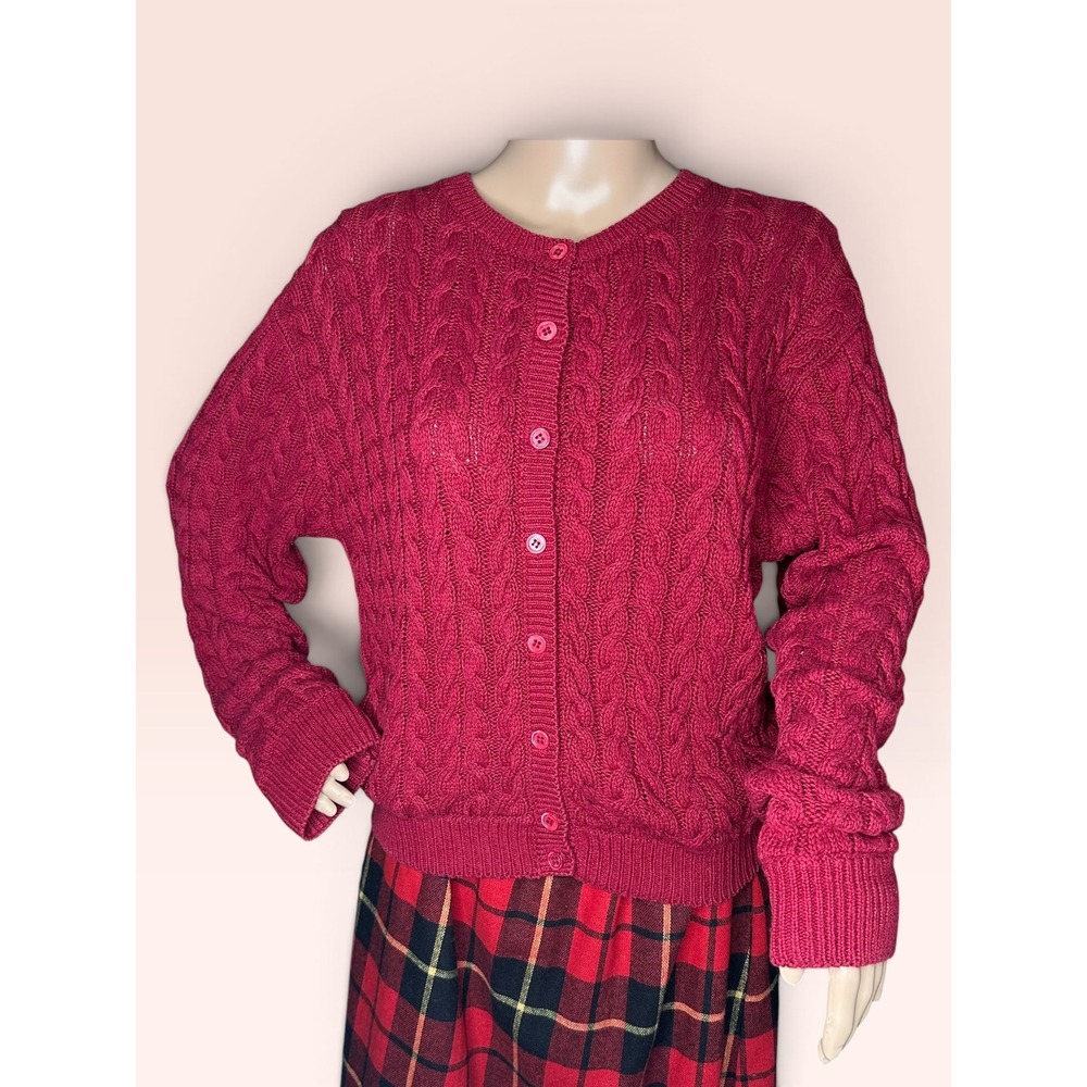 J.G. Hook Vintage Chunky Cable Knit Cardigan Linen Cotton Red Preppy Large